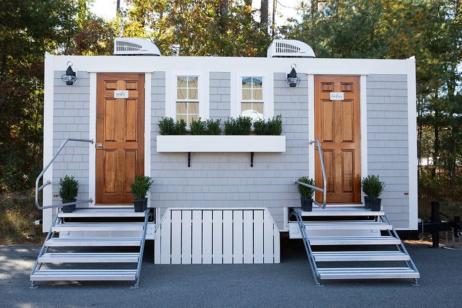 Wedding restroom units discretely staged at a venue in Carrollton, Texas